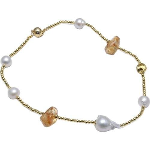 GuaiGuai Jewelry Natural White Baroque Pearl Yellow Citrines Nugget Chokers Necklace Baroque Pearl Pendant Handmade For Women