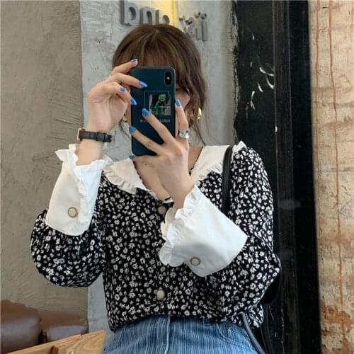 Womens Blouse Sweet Floral Lace Turn-down collar Long Sleeves Loose Thin Top Wholesale Spring Autumn Flower New Female Clothing