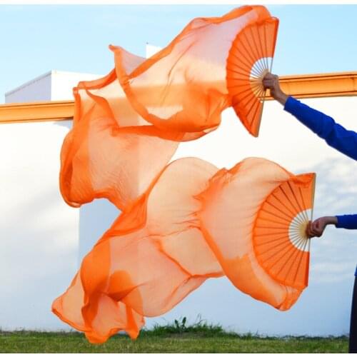 2016 High selling 100% Real Silk Veils 1 Pair handmade women Quality Silk Belly Dance Fan Dance orange Colors 180*90 cm
