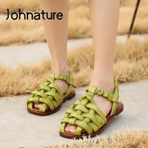 Johnature 2021 New Shoes Women Sandals Genuine Leather Back Strap Retro Handmade Flat With Weave Concise Leisure Ladies Sandals