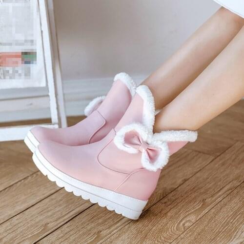 YMECHIC 2018 Sweet Bowtie Girls Lolita Shoes Fur Tassel Platform Ankle Butterfly-knot Plush Winter Snow Boots Women Plus Size