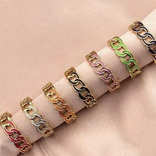 Chic Enamel Dripping Oil Chain Style Ring For Women, Multicolor Adjustable Copper Gold Plated Rings Party Jewelry Gift