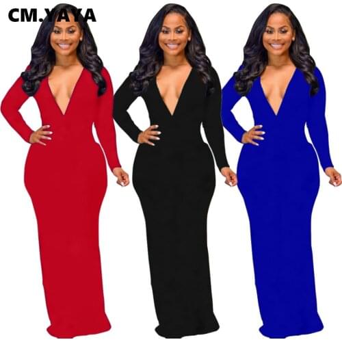 CM.YAYA Deep V-neck Maxi Midi Bodycon Dress for Women Sexy Club Party Long Sleeve Floor Length Long Dresses Pencil Vestidos