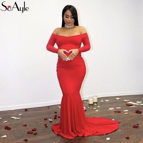 SoAyle Real Photo Vestidos de festa Plus Size Maternity Prom Dresses Boat Neck Long Sleeves Red Mermaid Evening Party Dresses H