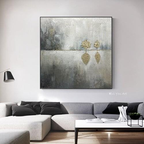 100% Handmade Painting Gray Living Room Wall Art Picture Modern Decorative Painting On The Lake Landscape Painting Beautiful Art