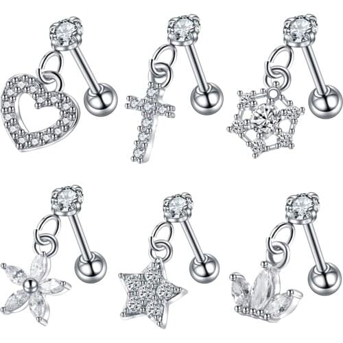 16G Fashion Stainless Steel Ear Piercing Zircon Ear Studs with Pendant Ear Cartilage Tragus Helix Piercing Body Jewelry Wholesal