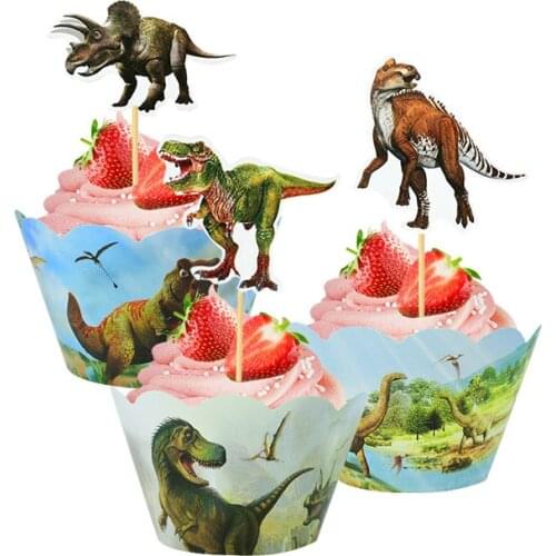 24 Pcs Cupcake Wrappers Kids Birthday Baby Shower Toppers Cartoon Dinosaur Cake Decorating Dino Theme Jungle Safari Party Decor