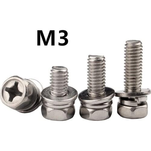 50pcs/lot M3x6/8/10/12/16/20/25mm GB9074.13 Stainless steel phillips sems hex bolt with washer three combination screws