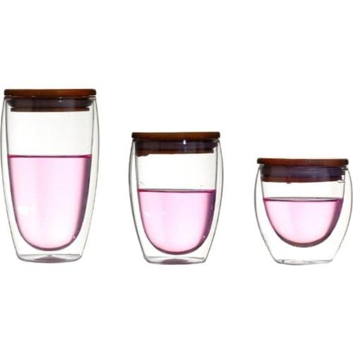 250ml/350ml/450ml Double Layer Wall Clear Glass Tea Cups + Bamboo Lid Set Anti-scalding Glass Coffee Tea Milk Insulation Mugs
