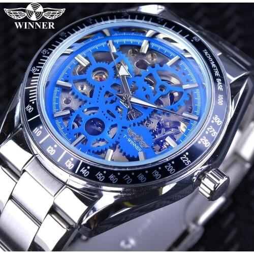 Winner Fashion Blue Military Design Blue Glass Waterproof Mens Automatic Mechanical Skeleton Watches Top Brand Luxury Male Clock