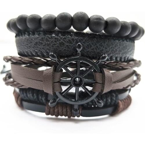 Black Rudder Handmade Sunflower Rivet Wing Blade Beads Skull Leather Bracelets 4pcs/set Men Bracelets Women Fashion Jewelry
