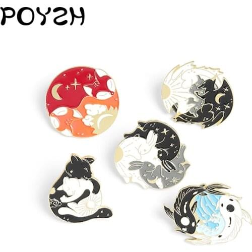 Day Night black white opposition Enamel Brooch Sun Moon Fox Koi Rabbit Bat Wolf dog Bag Clothes Lapel Pin Badge Animal Jewelry