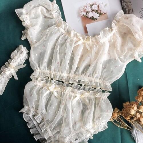 Ultra-thin Gauze Ruffles Off Shoulder Tops Shorts Leg Ring Underwear Lingerie Set Temptation Sexy Pajamas for Women