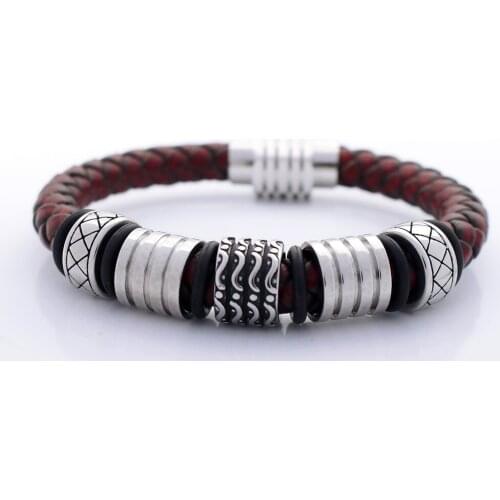 Men Jewelry 8MM Genuine Braided Leather Bracelet Never Fade Stainless steel Flower Charms Bead Bangles Jewelry with Magnet Clasp