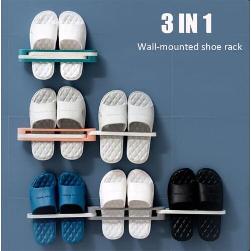 Bathroom Slippers Rack Wall Mounted Shoe Organizer Rack Folding Slippers Holder Shoes Hanger Self Adhesive Storage Towel Racks