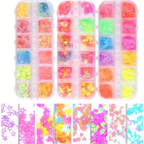 Neon Nail Sequins Star Moon Shape Glitter Flakes Fluorescence Mix Size Four-pointed Star Design Paillette Nail Art Accessories