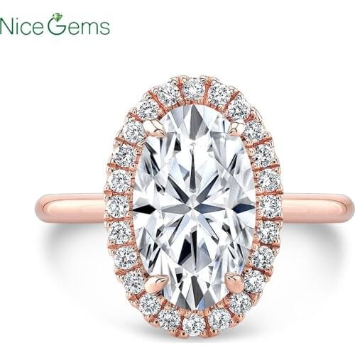 NiceGems Solid14K Rose Gold Elongated Oval Cut Halo Moissanite Engagement ring Center 4 Carat 12x8mm DF Color Moisanite Ring