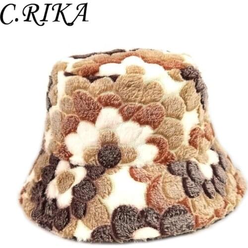 New Plush Warm Flower Bucket Hat Women Color Matching Fisherman Hat Female Winter Faux Fur Soft Panama Basin Hat Wholesale