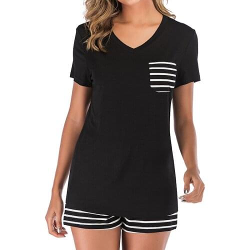 Aamikast Pajamas Set Short Women Summer Sleepwear O-Neck Short Sleeve Elastic Waist Striped Shorts Pajama Nightwear Home Suit