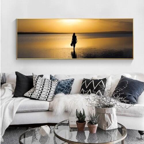 Natural Gold Beach Sunset Women Seascape Posters and Prints Canvas Painting Scandinavian Wall Art Picture for Living Room