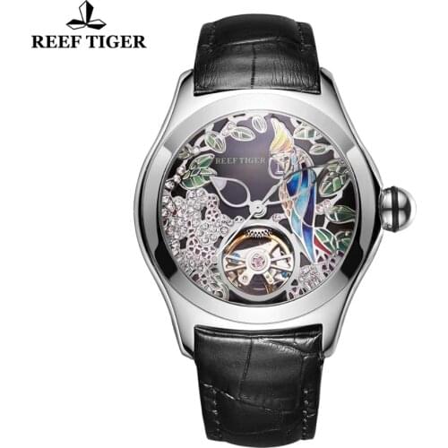 Reef Tiger/RT 2021 Top Brand Fashion Tourbillon Women Watches Leather Band Waterproof Automatic Mechanical Watches