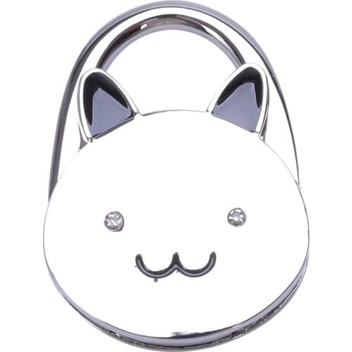 Black Cat Cartoon Foldable Silver Tone Handbag Hook Antislip Rubber Base