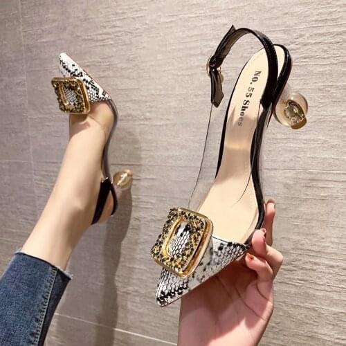 New Sexy Women Summer Strange High Heels Metal Crystal Buckle Pointed Toe Gladiator High Heels Office Party Pumps Wedding Shoes