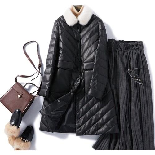 Genuine Leather Jacket Women Winter Real Mink Fur Collar Duck Down Jacket Female 100% Sheepskin Coat Veste Femme W00232 YY1781
