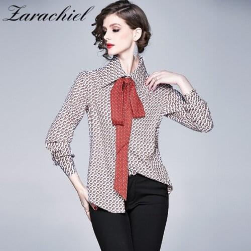 Fashion Designer Women Tops And Shirts Vintage Elegant Bow Belt Long Sleeve Chain Printing Plus Size Chiffon Office Ladies Blusa