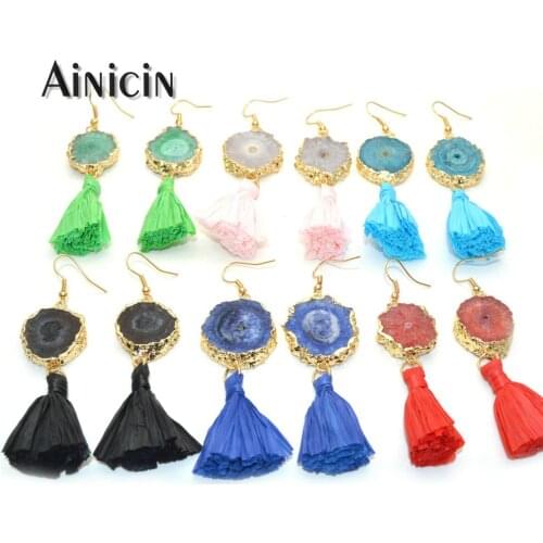 Handmade Recycling Plastic Tassel Natural Round Druzy Crystal Fashion Women Dangle Jewelry Royal Blue Red Black White Earrings
