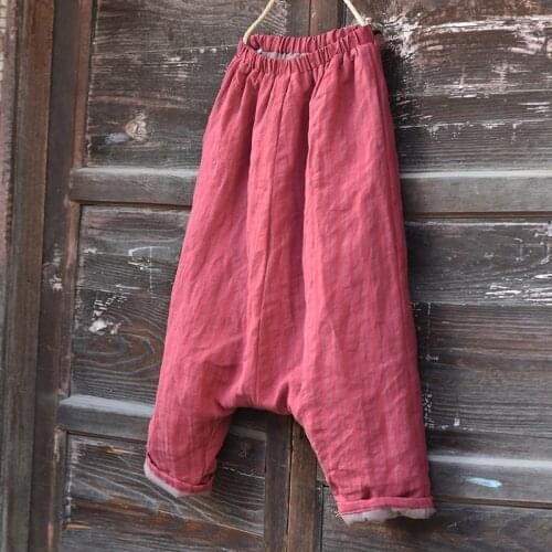 Women Padded Fluid Big Crotch Trousers Winter Warm Thick Wide Leg Bloomers Chinese Style Baggy Vintage Cotton Linen Cross-pants