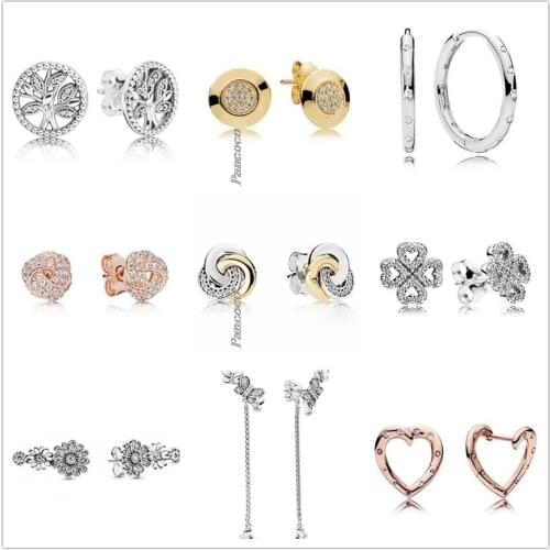 Original 925 Sterling Silver Earring Tree Of Love With Crystal Stud Earrings For Women Wedding Gift Pandora Jewelry