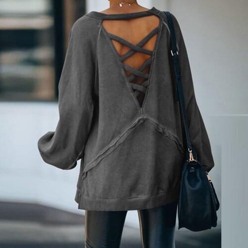 Women Backless Tops Fashion V Neck Back Cross Straps Hollow Out Pullovers Autumn Winter Casual Long Sleeve Loose Ladies T-Shirts