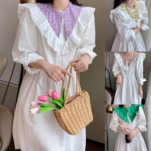 Women Decorative Chiffon False Collar Shawl Wrap Sweet Ruffles Trim Half Shirt Necklace Floral Print Lolita Mini Capelet