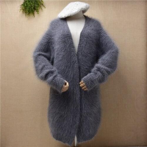 Ladies women fashion hairy mink cashmere knitted long sleeves v-neck loose long sweater cardigans angora fur jacket coat pull