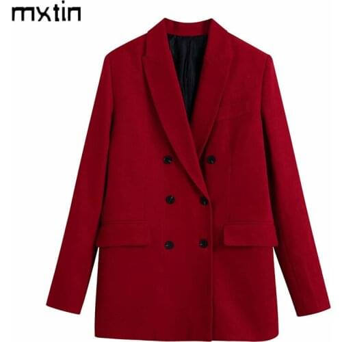 MXTIN 2021 Women Autumn Fashion Solid Pockets Blazers Coat Vintage Lapel Collar Long Sleeve Button Office Ladies Casual Coat