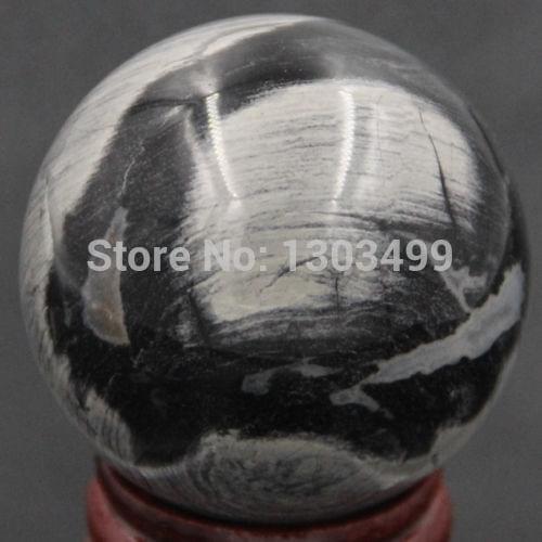 40MM(1.6")Natural Gemstone Silver Leaf Jasper Sphere Crystal Ball Chakra Healing Reiki Stone Carving Crafts W/Stand