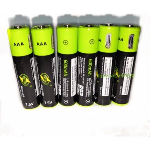 ZNTER 6PCS Mirco USB AAA Rechargeable Battery 1.5V 600mAh Lithium Ion Battery Toy Remote Control Battery Lithium Polymer Battery