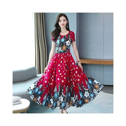 Elegant Vestidos Dress Women Summer Chiffon Floral Print O-neck A-line Slim Long Party Dress Robe Femme 5445