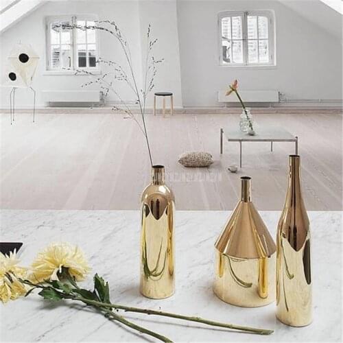 European Nordic Ceramic Vase Gold Plated Flower Vase For Flowers Model Room Home Furnishing Decoration Ornaments Accessories