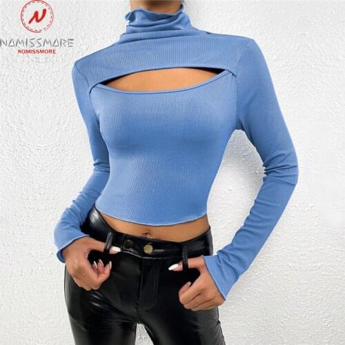 Sexy Women Solid Color T-Shirts for Streetwear Hollow Out Design High Collar Long Sleeve Spring Autumn Slim Pullovers Top