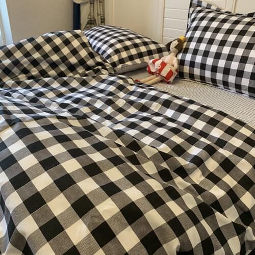 4pcs Bedding Set King Queen Size Soft Sanding Bed Linen Plaid Quilt Cover Bed Sheet and Pillowcase Good Hand Feeling