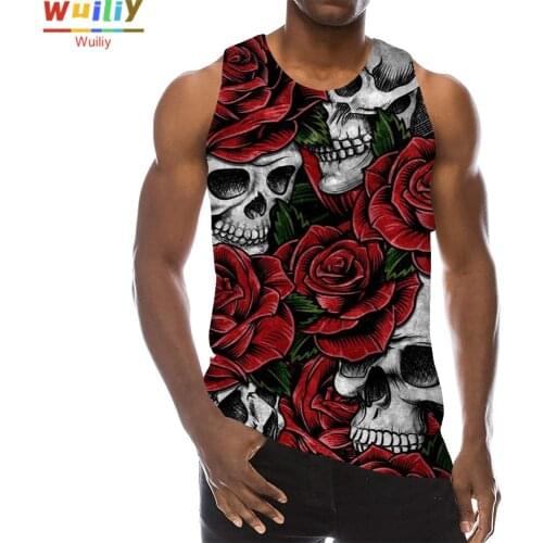 Red Rose Skull Graphic Tank Top For Men 3D Print Sleeveless Pattern Top Skeleton Vest Skull Painting Tops Hip Hop Top