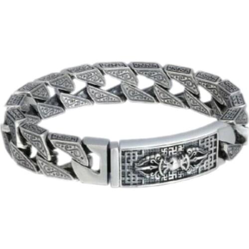 2020 new real S925 pure silver retro personality Vajra ten thousand characters six-character mantra Thai silver Man bracelet