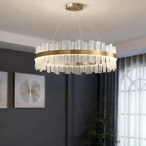 New modern led light chandelier for living room round/rectangle glass lighting fixture gold stainless steel suspension wire lamp