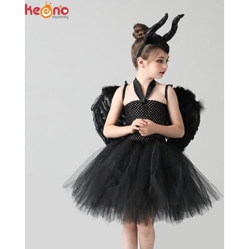 Black Maleficent Evil Queen Girls Tutu Dress with Horns Wings Dark Devil Child Halloween Party Fancy Dress Outfit Kids Clothing