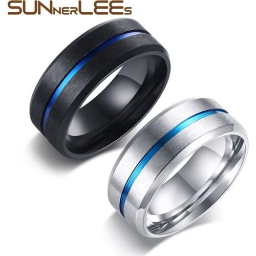 SUNNERLEES Titanium Stainless Steel Rings 8mm Black Silver Color Matte Finished With Middle-Line Men Boy Ring Jewelry Gift R-376