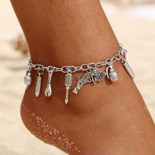 Vintage Creative Anklets for Women pendant Bomb bullet pistol wrench Charms Rope Chain Beach Summer Foot Ankle Bracelet Jewelry