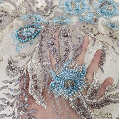 New Design High Class Handmade Exquisite Beaded Brown Mix Gold And Blue Color Flower Pattern Elegant Style For Lady Dress Cloth