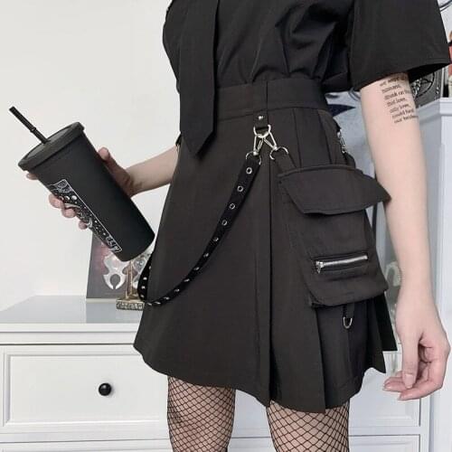 Ruibbit Gothic Black Skirt Summer Women Harajuku Punk Style Fashion Patchwork Pocket Zipper High Waist A-Line Skirts